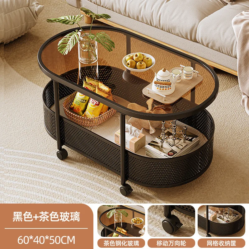Simple Modern Movable Coffee Table with Wheels Light Luxury Glass Side Table