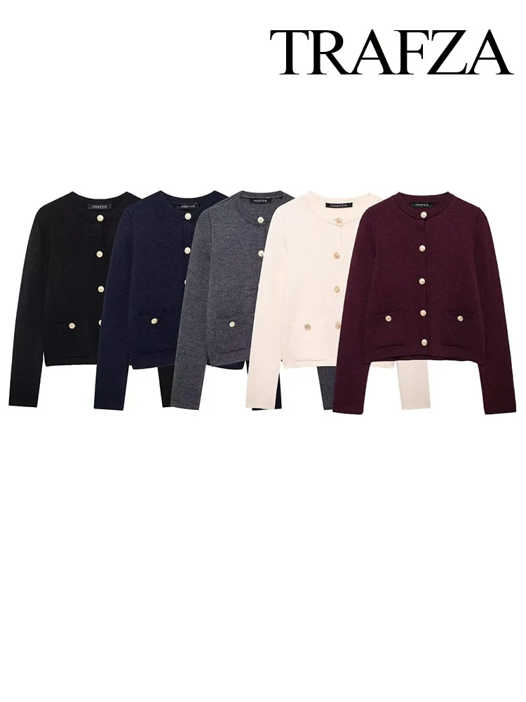 TRAFZA Women's Autumn Chic Coats Wine Red O-Neck Long Sleeves Pockets Single Breasted Cardigans Female Fashion Knitted Tops