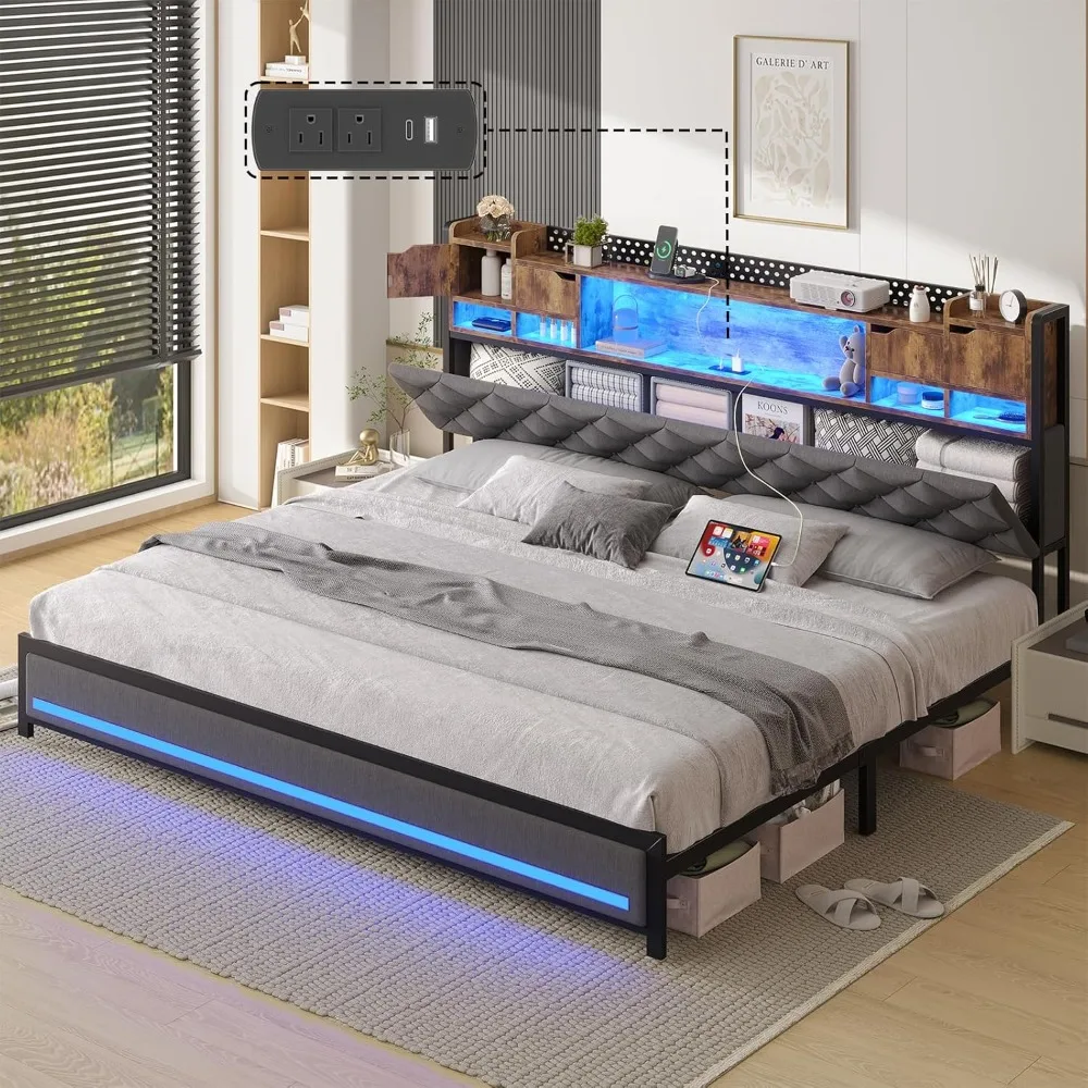 

King Bed Frame with Upholstered Headboard, Bed Frame King Size with Hidden Storage,3-Tier Storage Shelves, LED Lights and Chargi