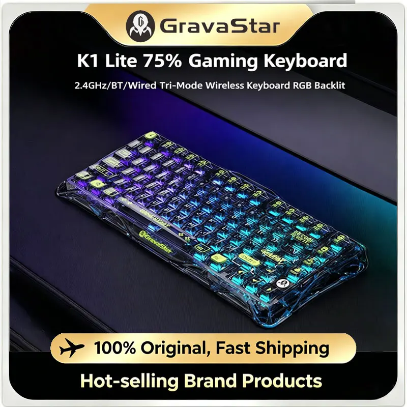 GravaStar Mercury K1 Lite 75% Gaming Keyboard Tri-Mode 2.4G BT Wired Gasket Hot Swappable Pre-lubed Linear Switches RGB Backlit