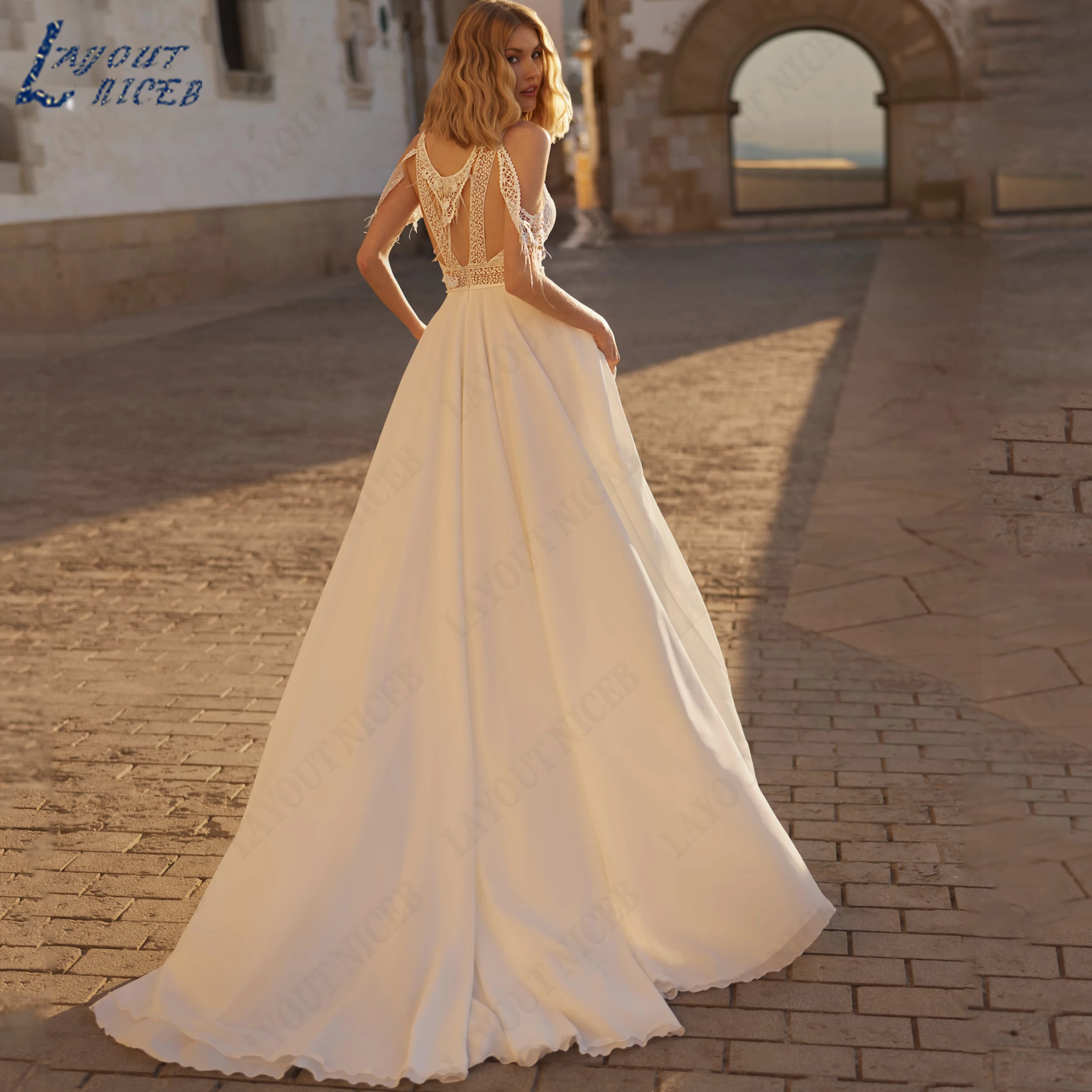 LAYOUT NICEB Customized Boho A-Line Wedding Dress Cold Shoulder Chiffon Bridal Gown Lace Sleeveless Bride Gowns For Weddings