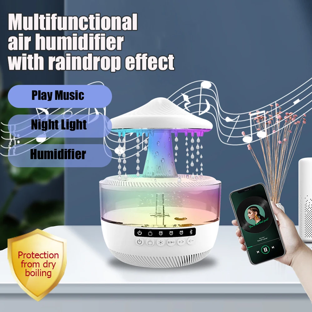 Humidificateur d'air multifonctionnel, haut-parleur Bluetooth, lampe de Table, effet goutte de pluie, veilleuses RGB, bureau, chambre à coucher, aromathérapie