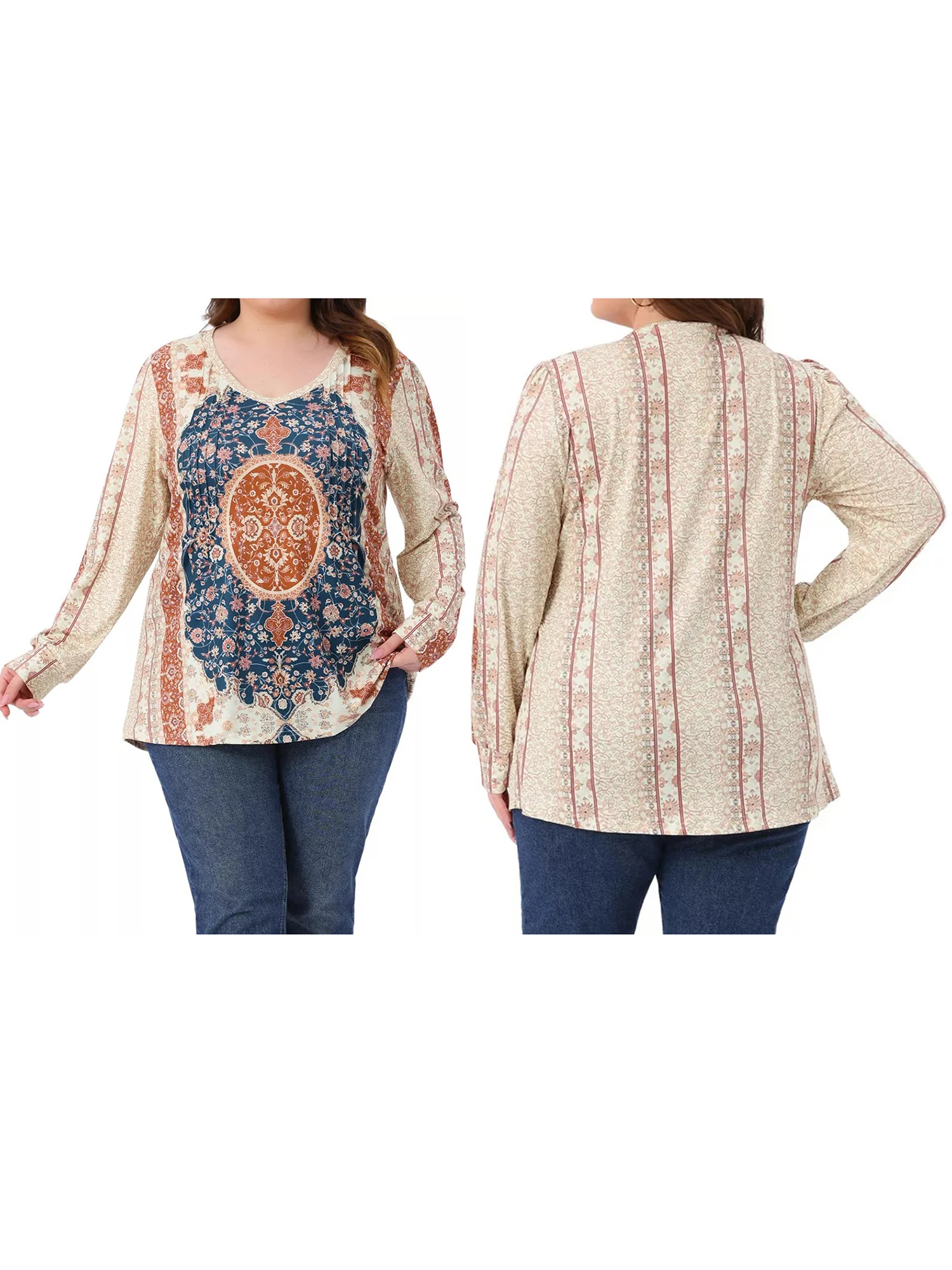 

Women s Floral Print V Neck Long Sleeve T-shirt with Pleated Detailing Loose Fit Fall Top for Streetwear Fashionistas