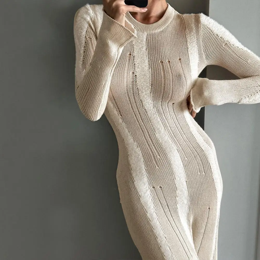 

Sexy Solid Color See Through Dress Women Fashion Long Sleeve Round Neck Flared Dresses Summer High Waist Party Long Robes