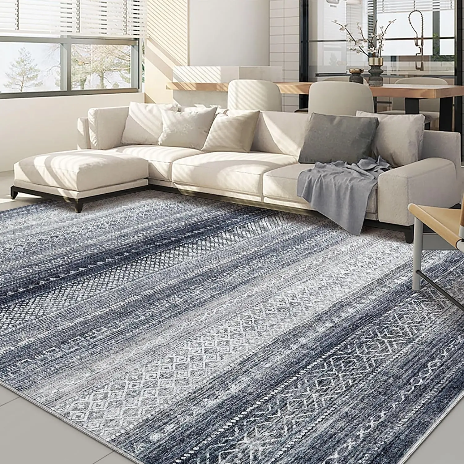 10x14 Area Rugs Living Room Rug: Washable Large Soft Boho Modern Neutral Stain Resistant Indoor Floor Carpet Low Pile Accent