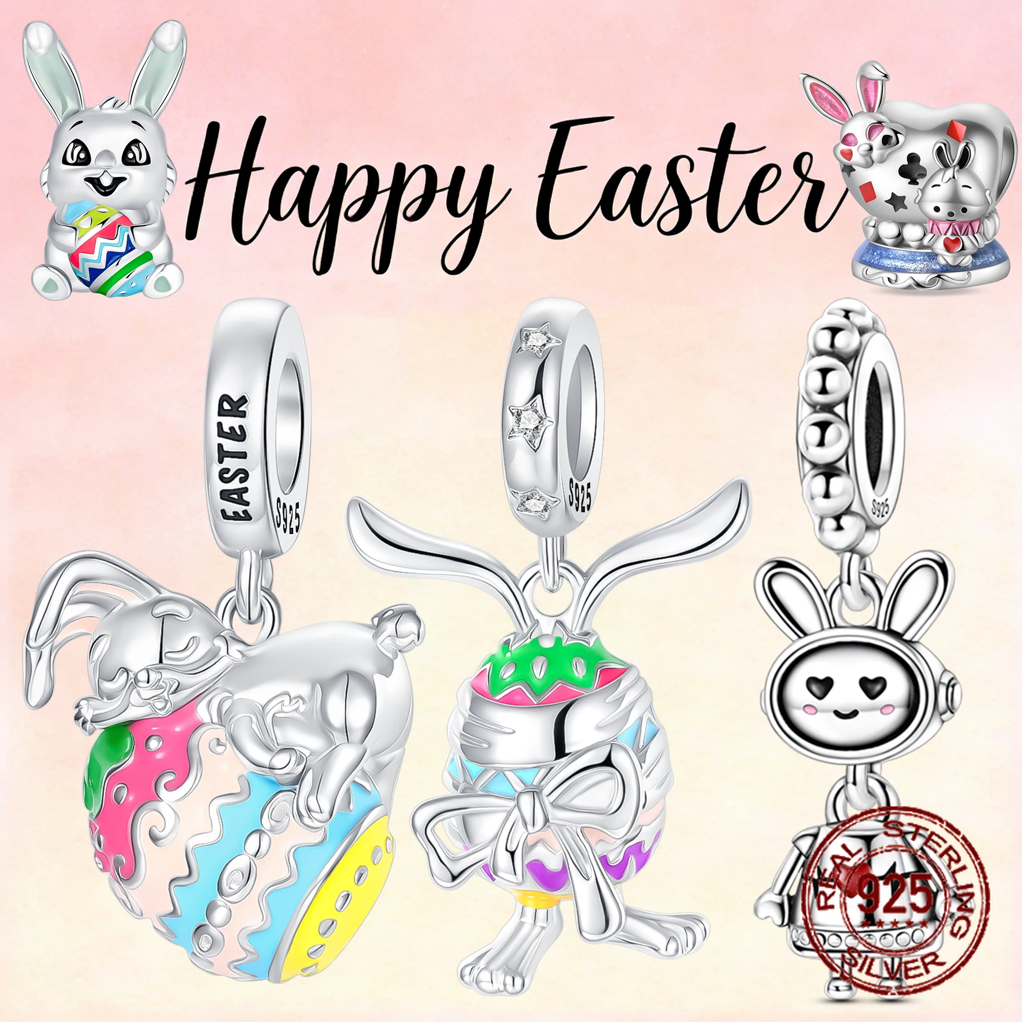 

925 Sterling Silver Happy Easter Bunny Charm Colorful Enamel Easter Egg Rabbit Bead Fit Bracelets Easter Gift for Women Girls