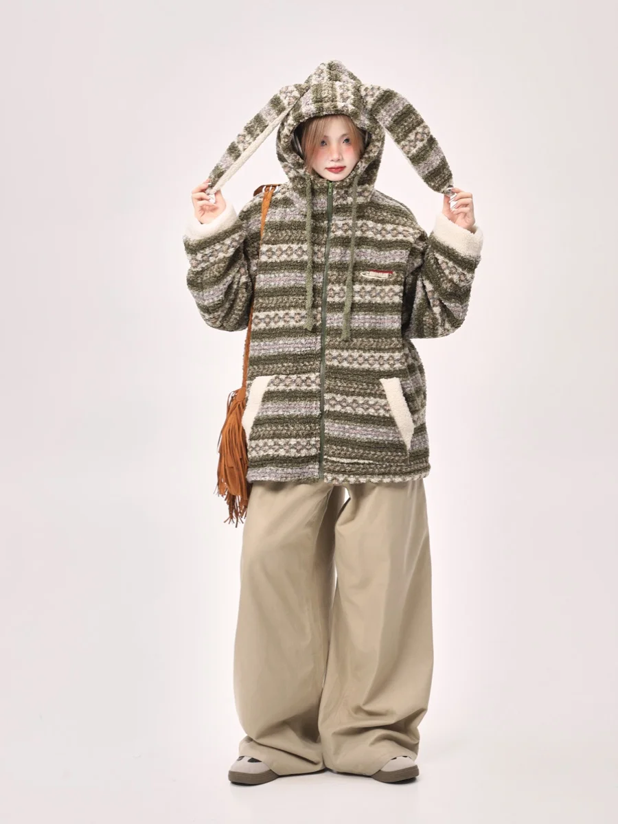 

Korean Sle Cute Rabbit Ear Hooded Striped Lamb Velvet Jaet Women's Autumn Winter Thiened High-End Cotton Coat