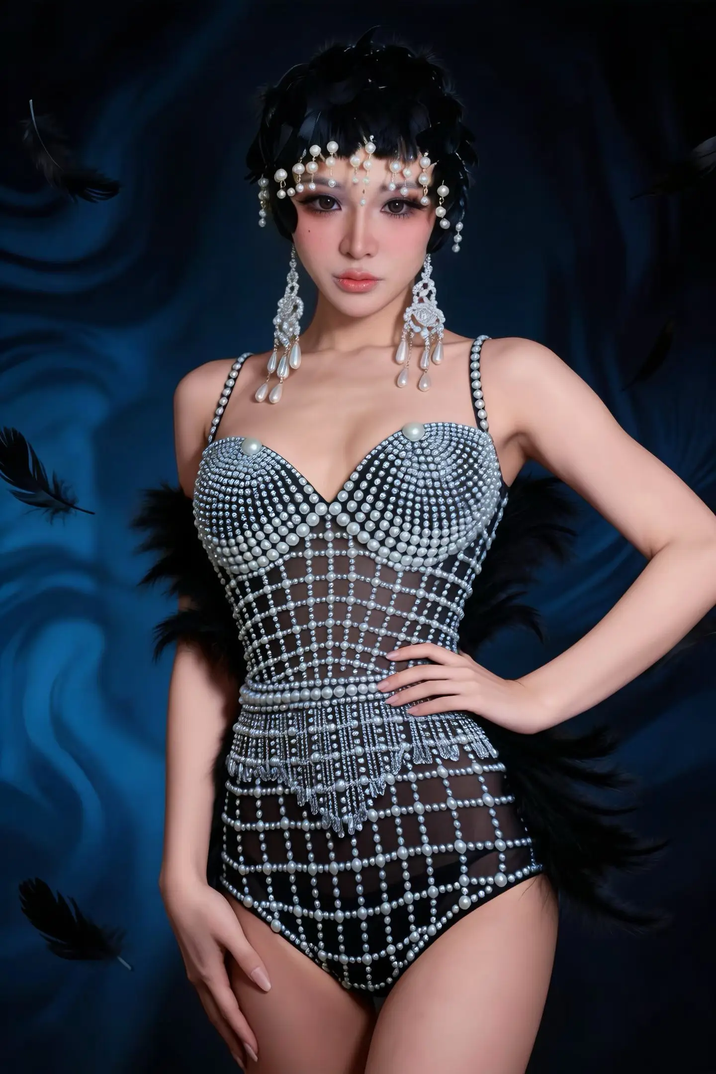 

Sexy Black Pearl Sparkly Rhinestone Feather Spaghetti Strap Bodysuit Women Dance Event Party Club Stage Performance Wear Junjun