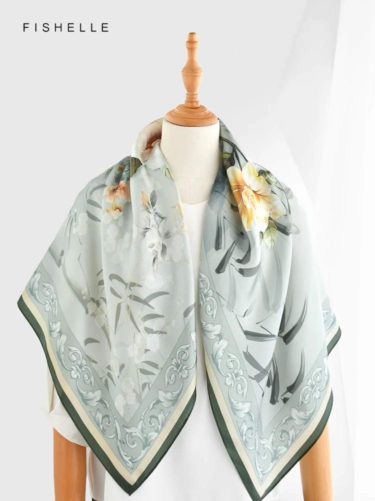 Light gray blue flower 100% natural silk scarf square head scarves luxury gift women wrap bandana hijab shawl 90cm neckerchief