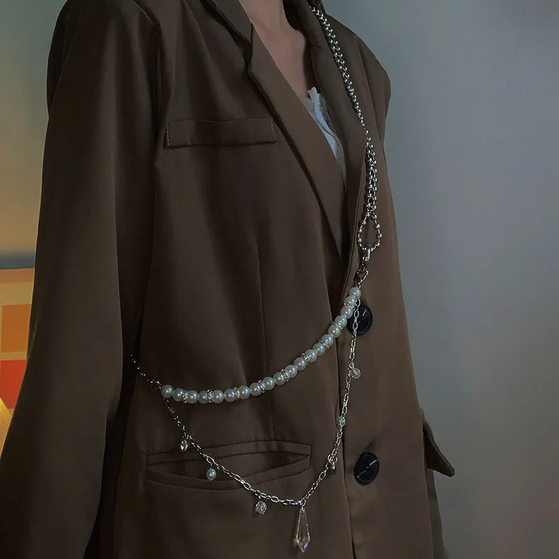 2024 New Arrival Fashion Double layer Crystal Pendant Pearl Waist Chain for Women Hip Hop rock Ins Style Suit Jewelry Accessory