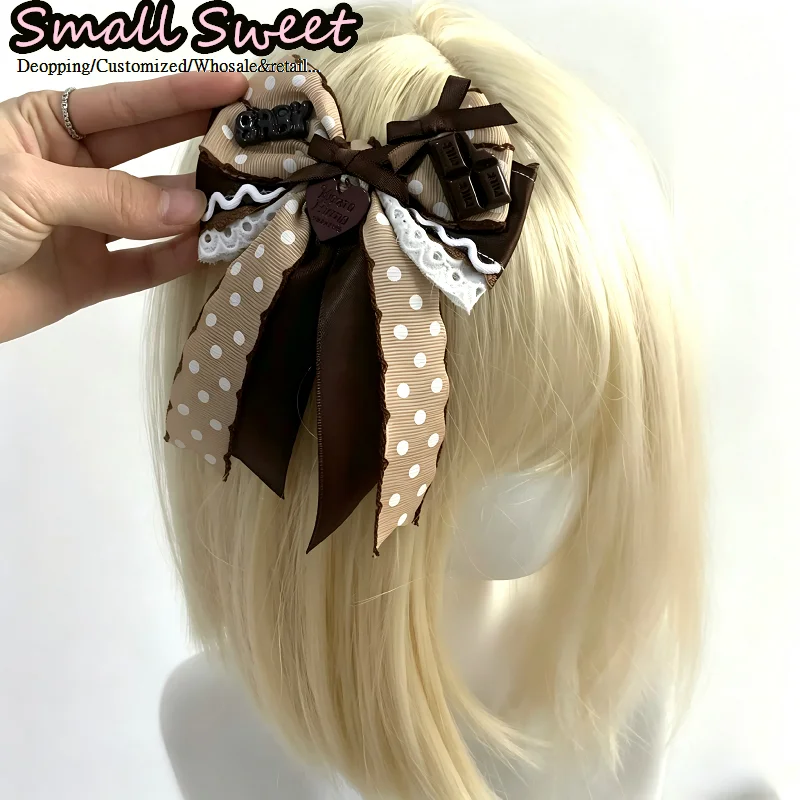 Women Y2K Girl Polka Dot Lace Ruffle Tiramisu Hair Clips Kawaii Lolita Milk Chocolate Hime Style Subculture Satin Bow Barrette
