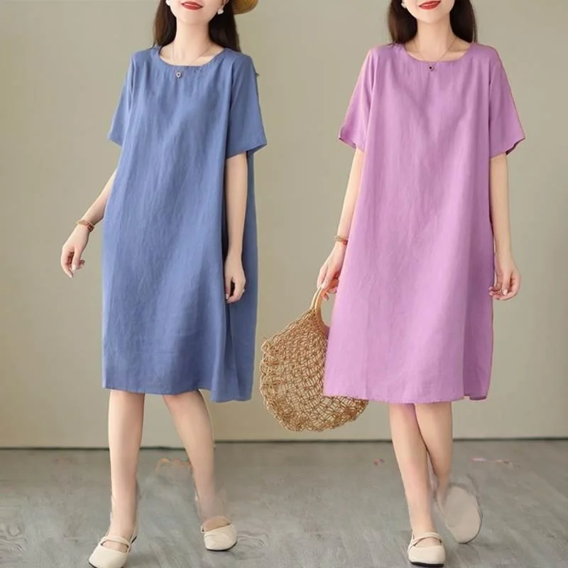 Retro Loose Fit Midi Dress Women's round Neck Single Two-Piece Pure Color Summer Slimming Large Size Casual Breathable Cotton...
