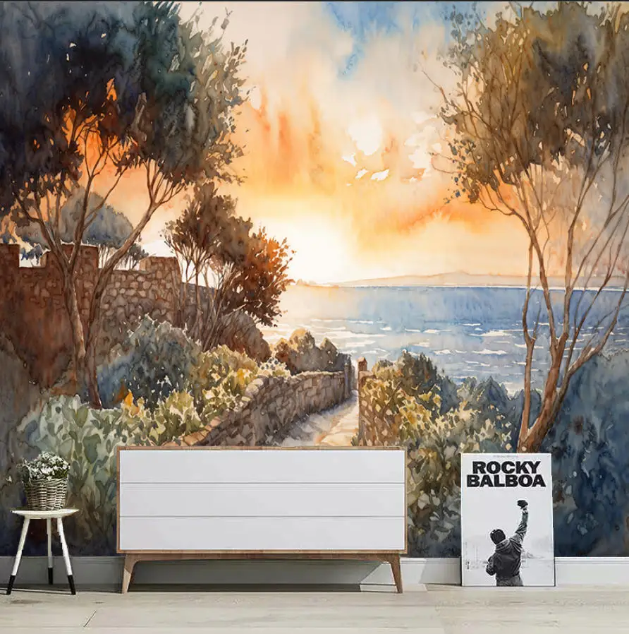 Customized murals European-style watercolor paths brick walls trees beach photos artistic wallpaper children's bedroom paintings