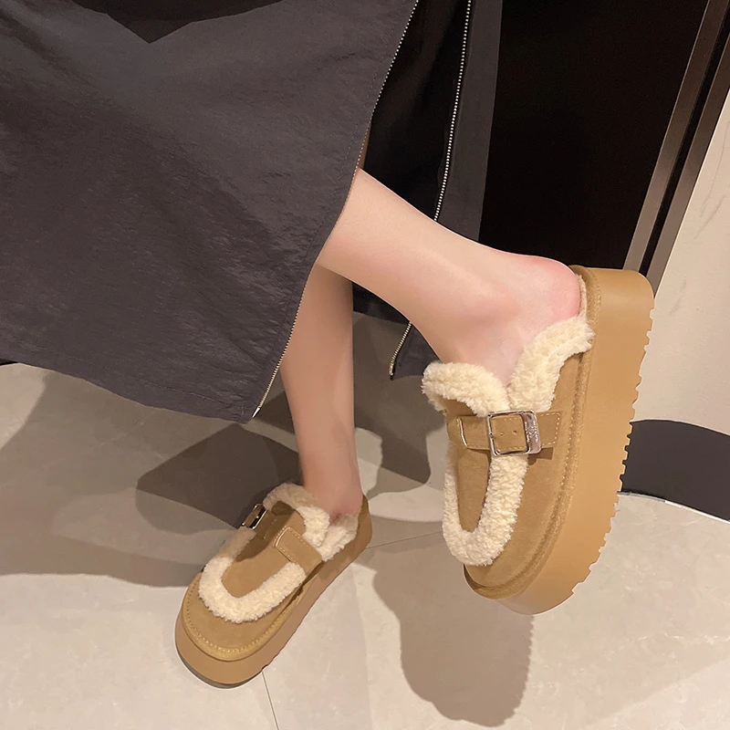 Thick Bottom Bao Head Belt Buckle with Velvet Warm Waterproof Table Fashion All Comfortable Non-slip Simple Women's Slippers