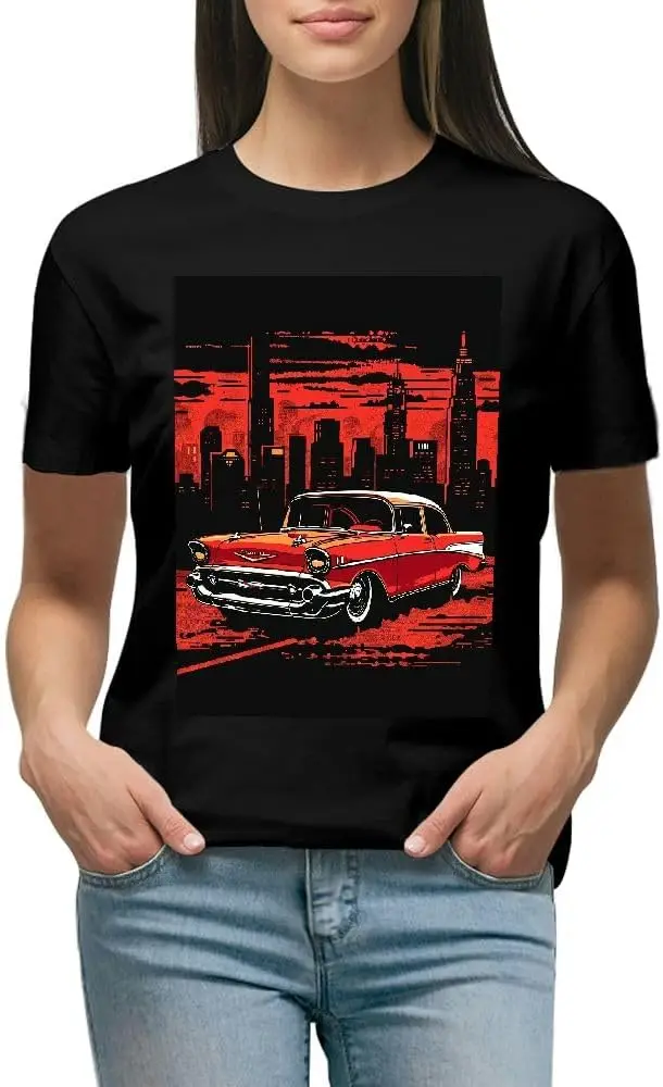 Women's Red Car T-Shirt, Summer Tops, Plus Size, Funny Graphics Black