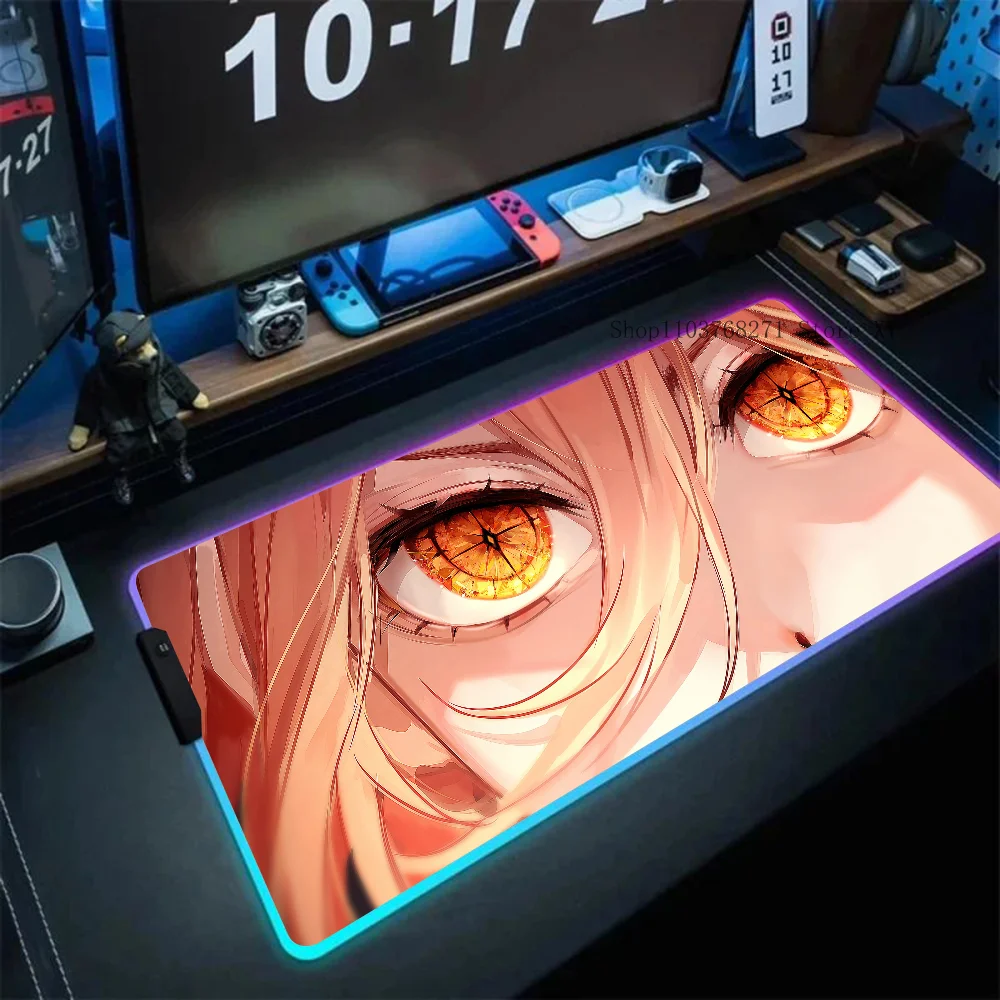 Power Chainsaw Man Anime Girl Eyes Mousepad XXL RGB Gaming Mouse Pads HD Black Gamer Accessories Large LED