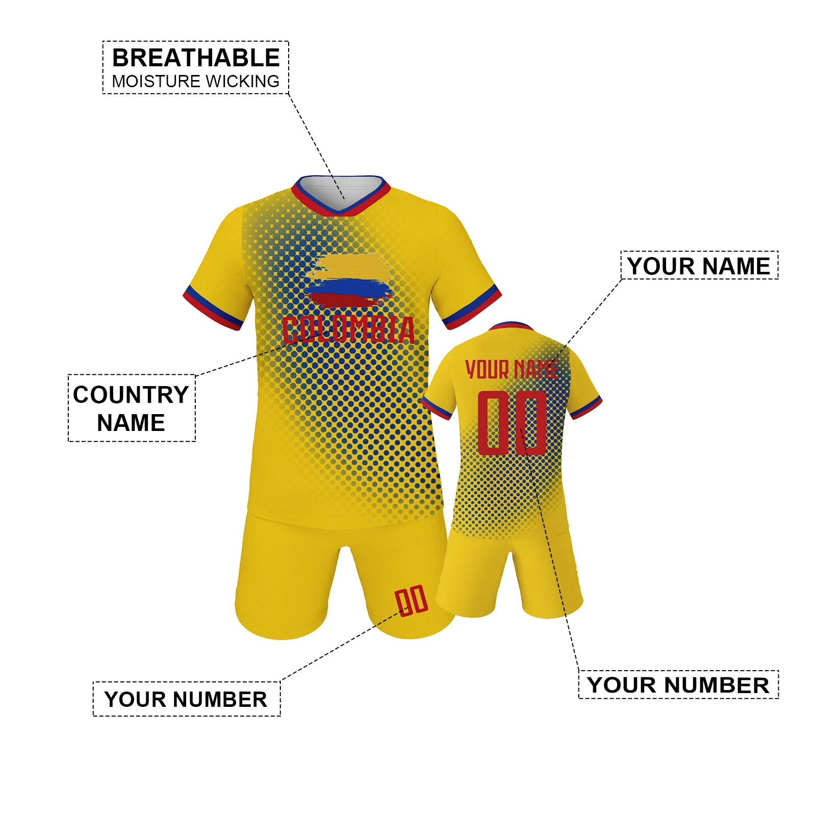 Colombia Custom Kids Soccer Jersey Training Uniform Boys Girls Football Kit with Printed Name and Number Fans Gift 3-14Y