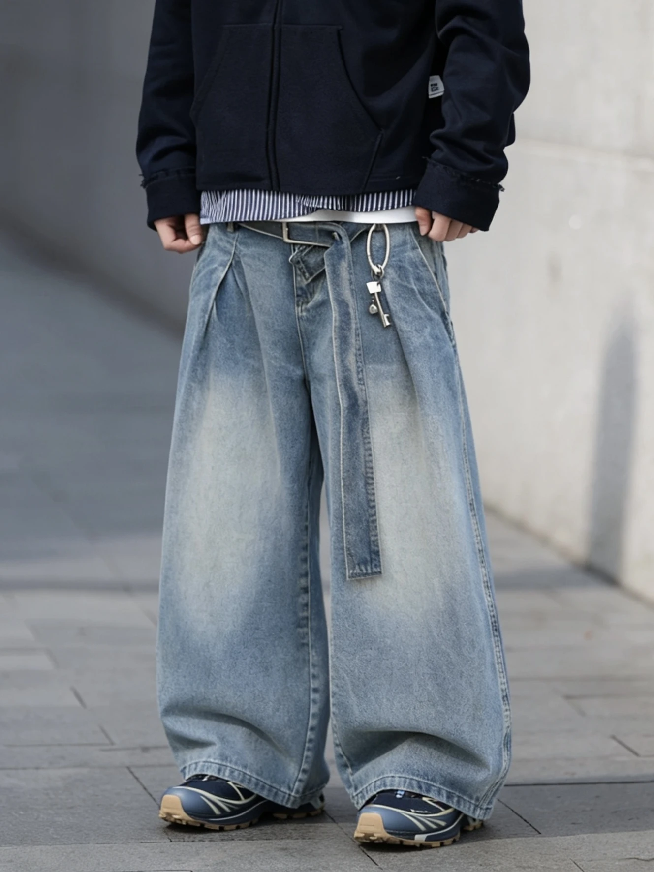 American High Street Wide Leg Jeans Men's Loose Straight Retro Blue Pants Trendy Brand Autumn Winter Design Sense Belted Denim