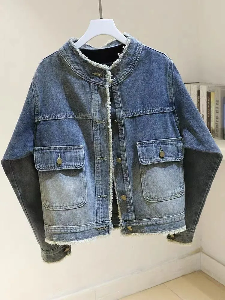 

2024 Raw-edge O-Neck Single-breasted Denim Jacket Women Korean Fashion Spring Autumn New Washed Short Coat Female Ropa De Mujer