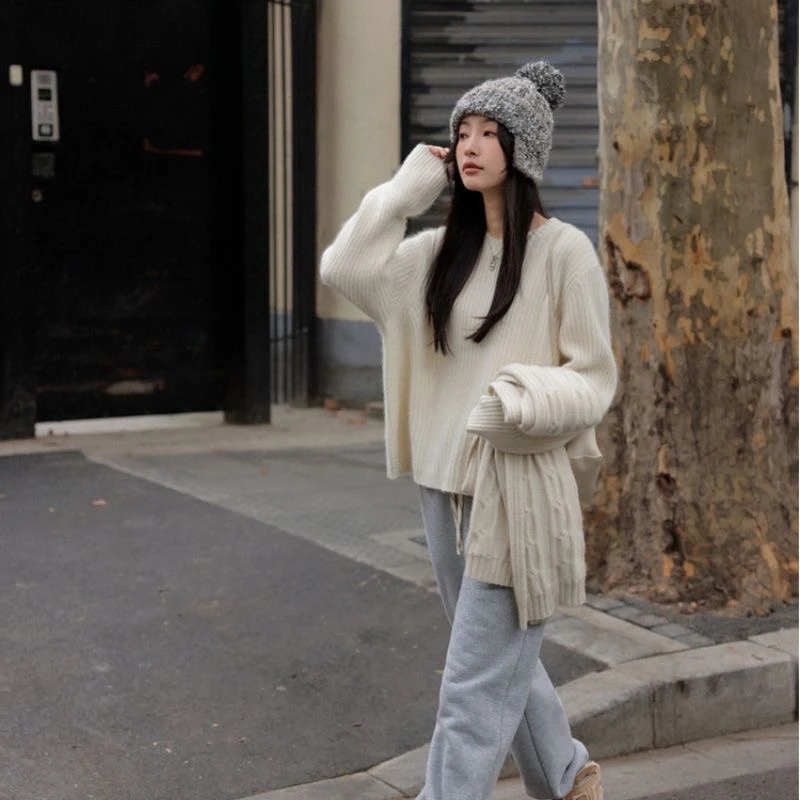 

Three thick 100% pure cashmere round neck lazy wind loose pullover cashmere sweater sweater