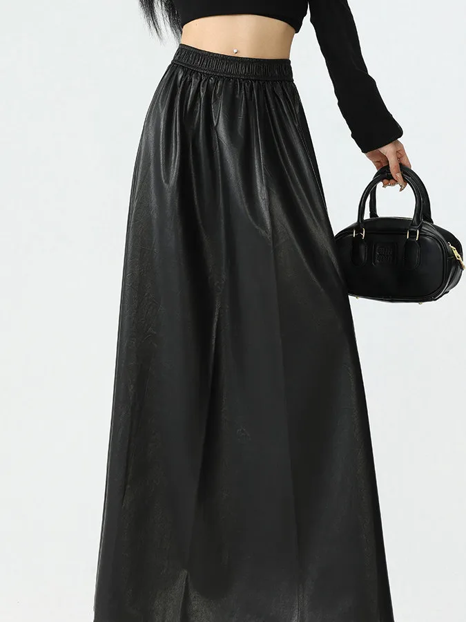 

Юбка миди А-силуэта с высокой талией, женская черная юбка из искусственной кожи, расклешенный силуэт, удобный стиль для повседневной носки, корейская мода