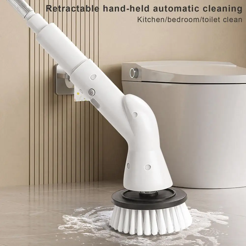 1 Set Electric Cleaning Brush With 4 Replaceable Brush Heads Rotary Extension Handle Cordless Bathroom Floor Tile Spin Scrubber