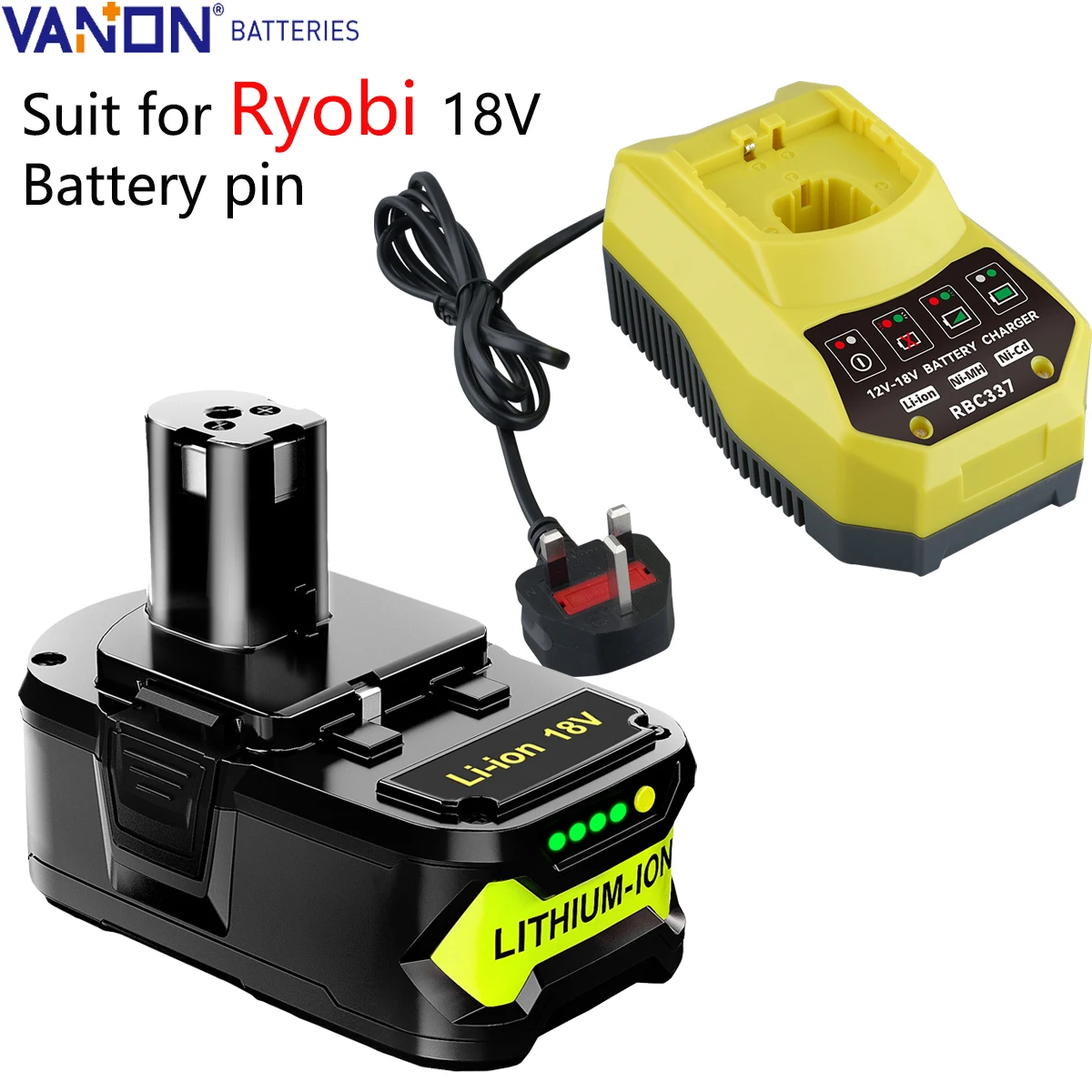 

Литиевая батарея Vanon P108 5Ah18V и зарядное устройство P117, совместимая с инструментами серии P102 P105 P122 для замены штифта батареи Ryobi