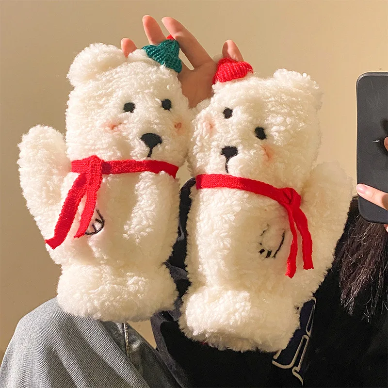 

Autumn Winter Cartoon Christmas Hat Teddy Bear Thickened Fluffy Plush Gloves with Fingers Design Cute Trendy Fingerless Mittens