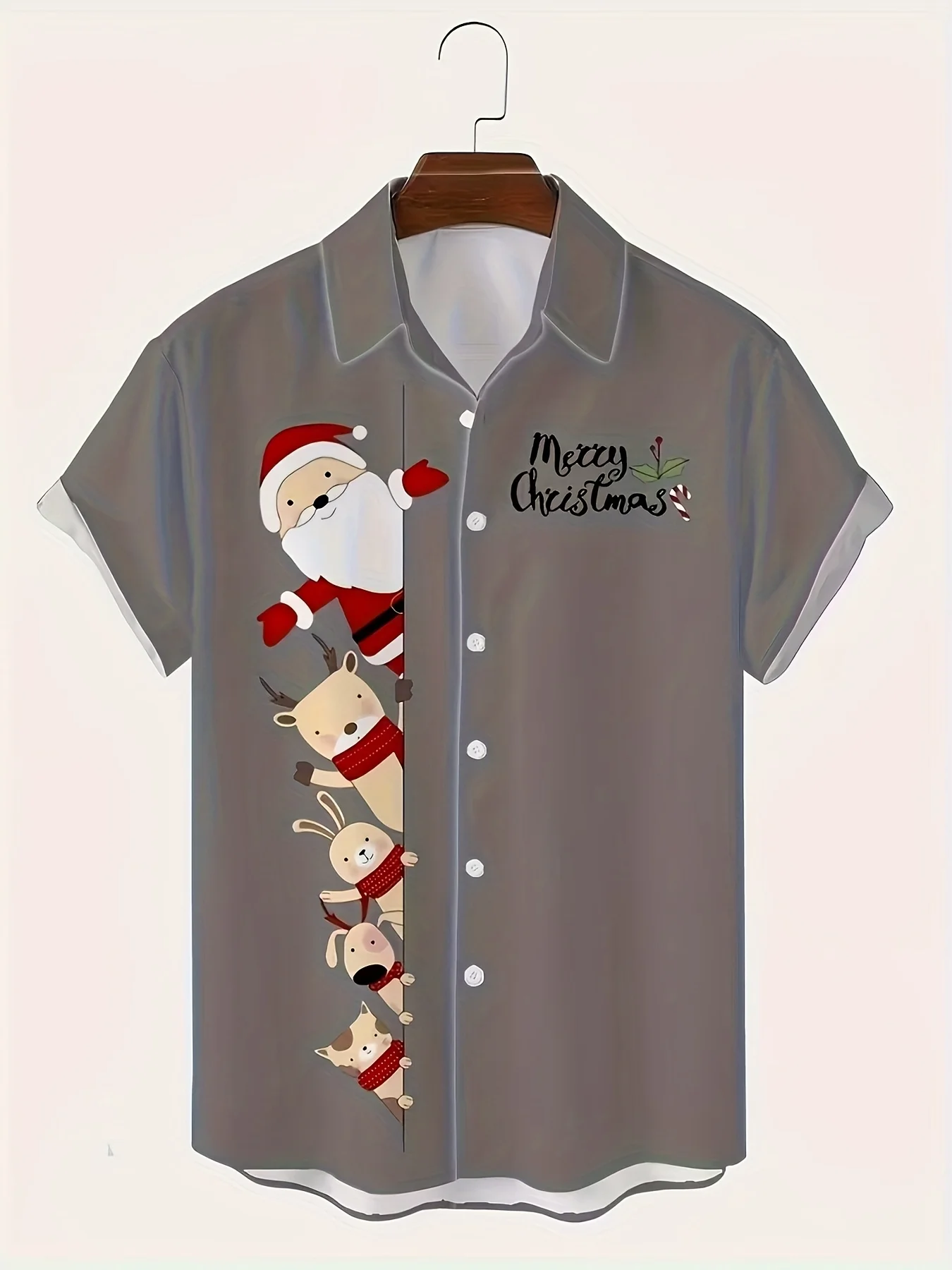 Fun Hide and Seek Cat Santa Claus Deer Rabbit Printed Men's Short Sleeved Shirt Christmas Versatile Shirt