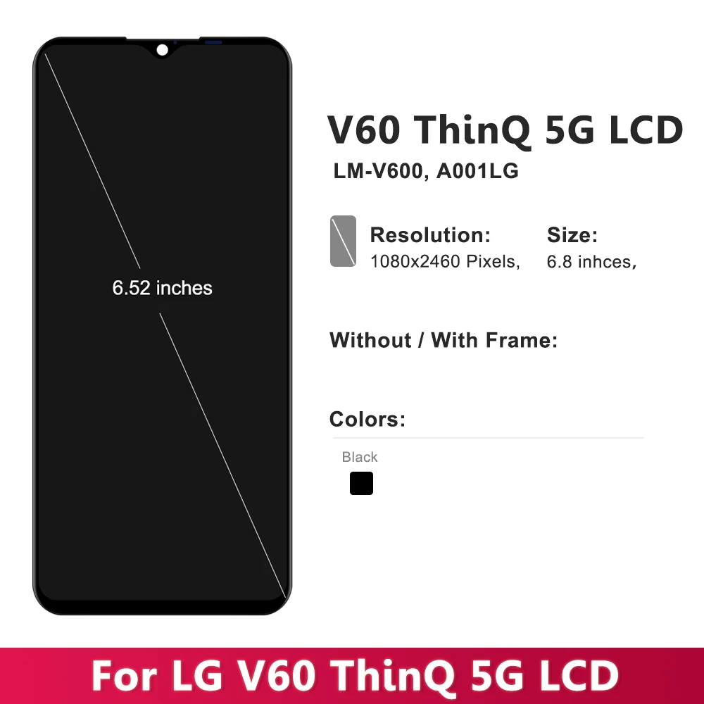 6.4'' LCD For LG V60 ThinQ 5G LCD Display Touch Screen Digitizer Assembly Replacement For LG V60 LM-V600 A001LG Display Screen