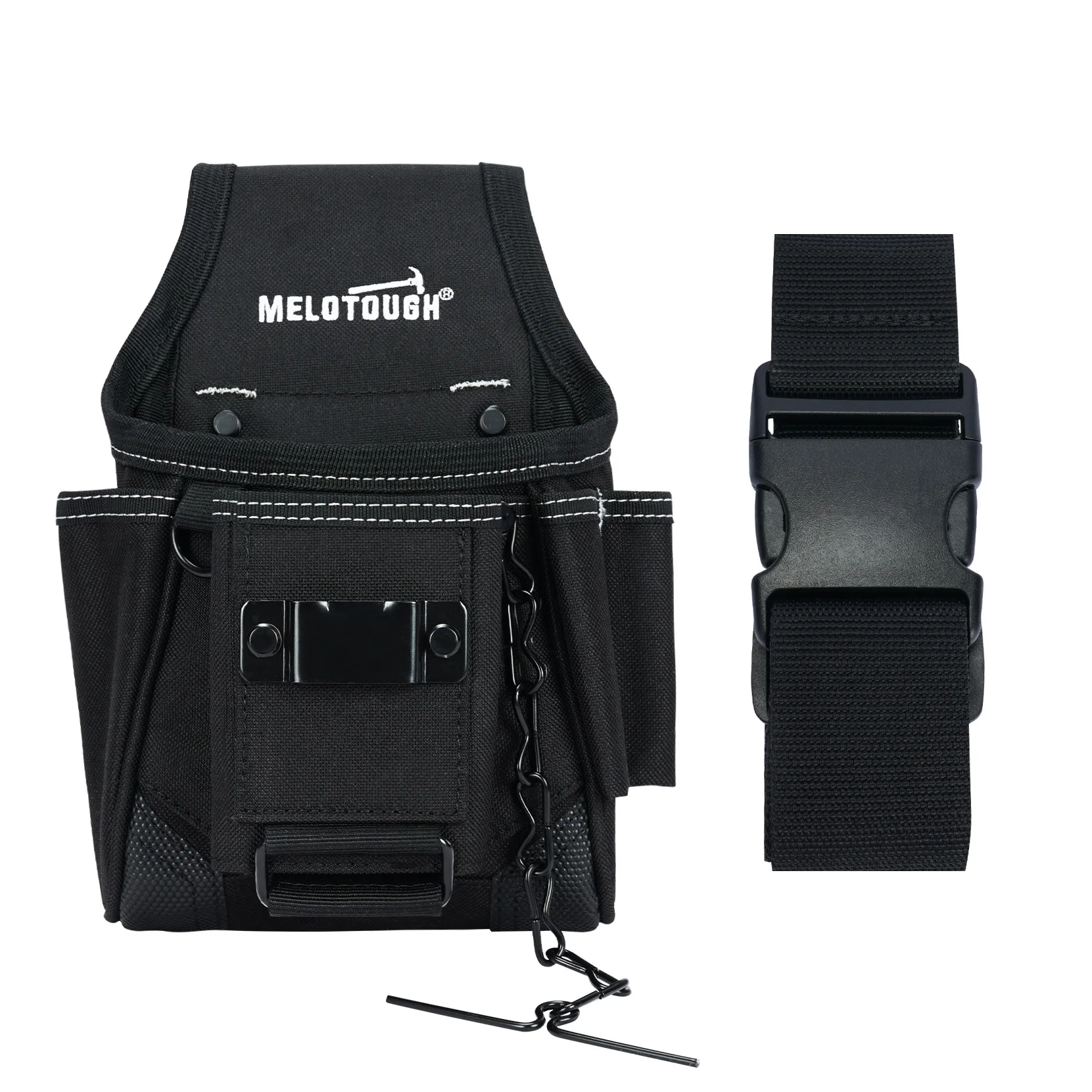 Black 9 Pocket 600D Fabric Tool Pouch Rigid Back Panel Belt Clip Organizer with Tape Measure Holder for Electrician Carpenter