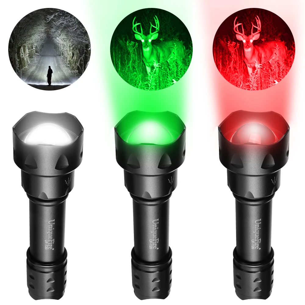 Uniquefire T20 Hunting LED Flashlight  Green Red White Light 1 3 5 Modes Zoomable Torch for Coyote Hog Predator Varmint Hunting