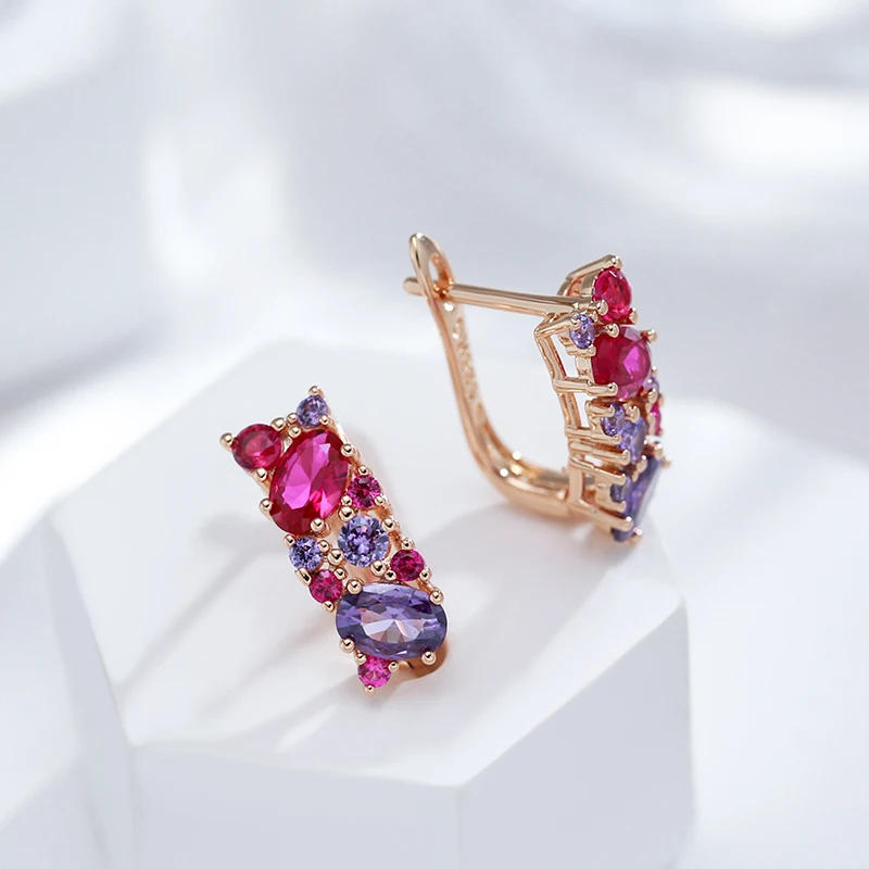 Kinel New Vintage Purple Natural Zircon Earrings for Women 585 Rose Gold Color Ethnic Wedding Jewelry Daily Party Accessories