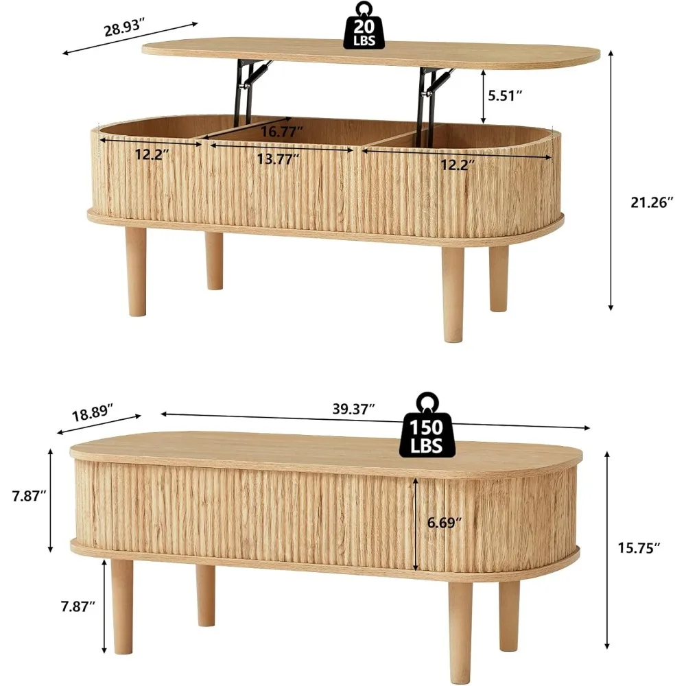 Mesa de centro elevable estriada con compartimento oculto, mesa central de madera completamente ensamblada, mesa elevadora ovalada moderna para el hogar Li