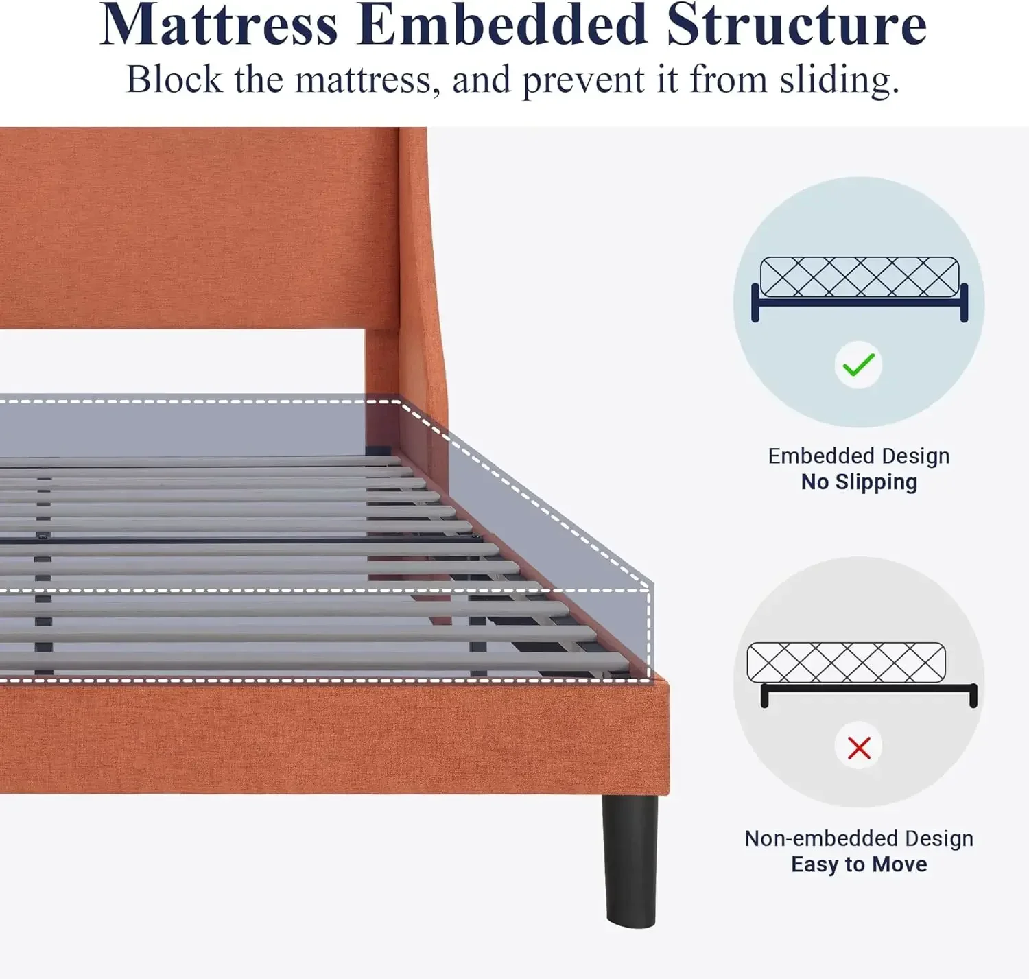 Platform Bed Frame Queen Size dengan Headboard berlapis kain, sayap Deluxe Modern, penopang Slat kayu, Alas Bedak