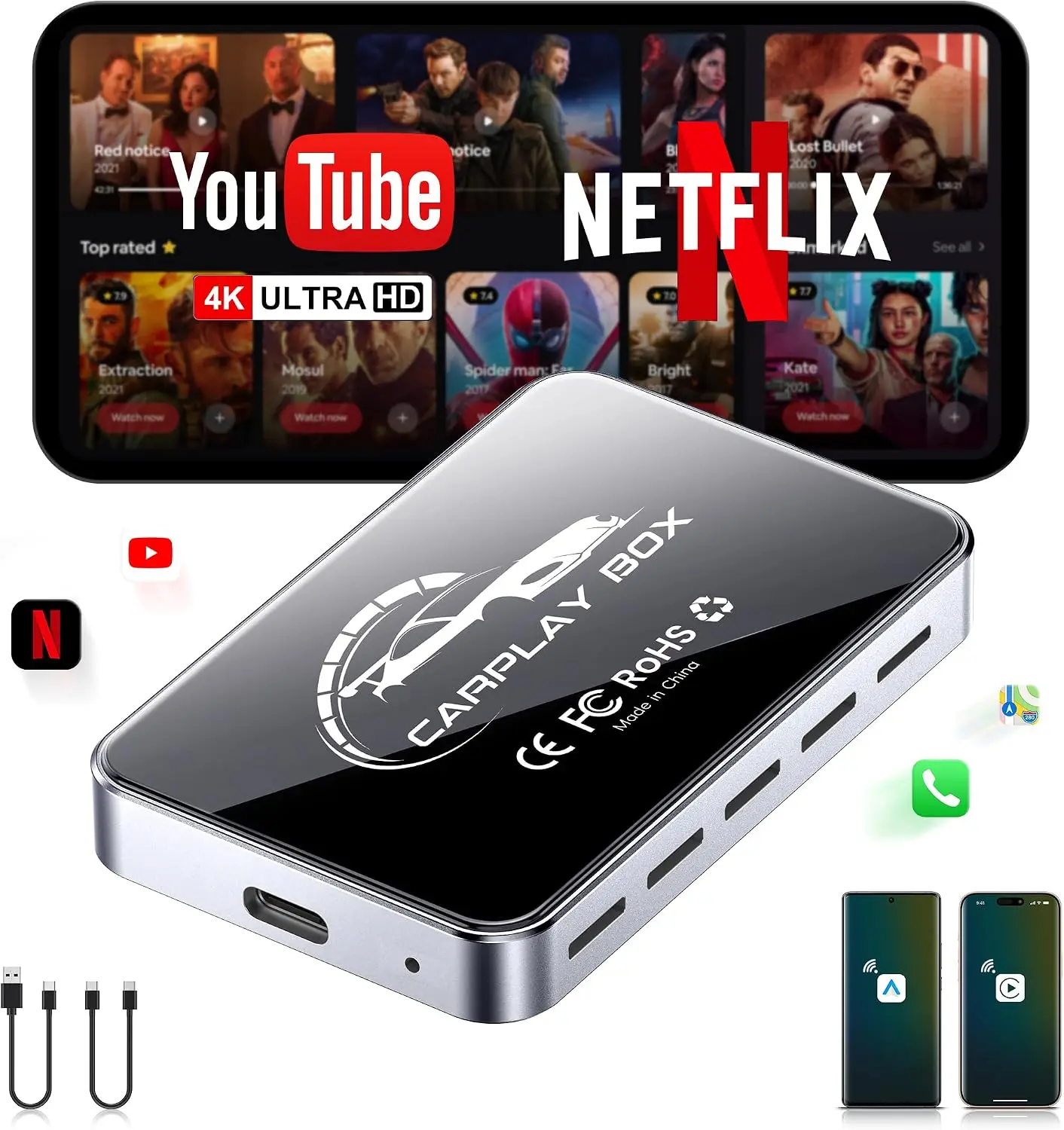 AI Box CarPlay, 3-in-1 Wireless CarPlay Adapter Android Auto OEM Wired Cars