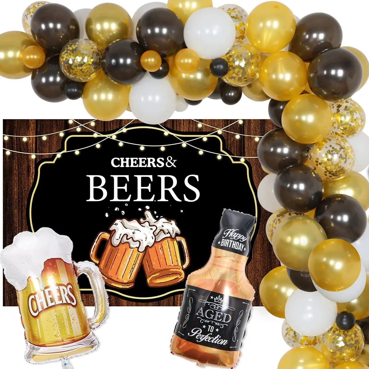 

Cheers and Beers Party Decorations Black and Gold Balloon Garland Kit with Backdrop for Men Whiskey Vintage Birthday Decorations