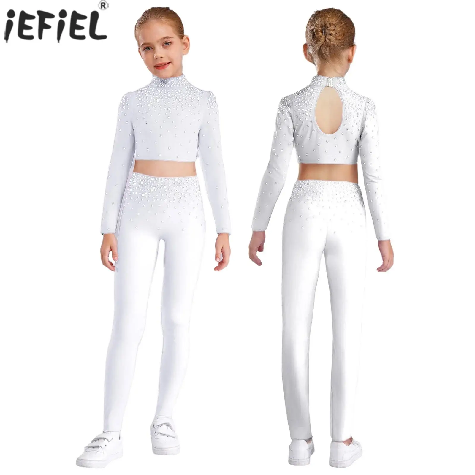 Kinder Mädchen Glänzende Strass Langarm Gymnastik Ballett Tanz Crop Tops mit Leggings Set Eiskunstlauf Akrobatik Dancewear