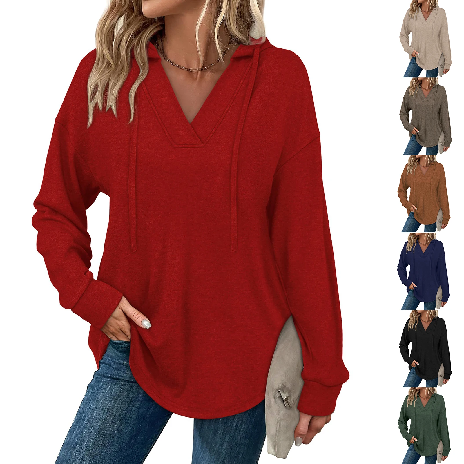 Tops Für Frau Frauen Mode Einfarbig Lange-Sleeve Mit Kapuze V-ausschnitt Casual Sweatshirt Top Frau Kleidung Winter Kleidung frau
