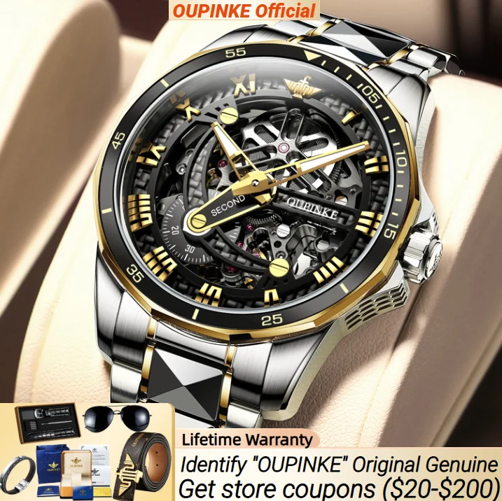 

OUPINKE Fashion Men's Wristwatch High-end Automatic Movement Watch 42 Big Face Skeleton Roman Dial Man Watches