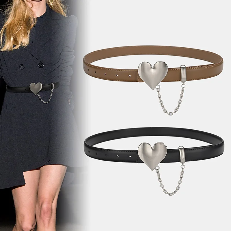 

New Trend Fashion Women Genuine Leather Belts Heart Metal Buckle Belt Woman Cow Skin Waist Strap for Jeans Width 2.3 Cm