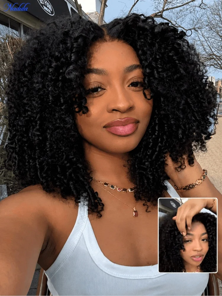 NADULA 7x5 Bye Bye Slip™ Afro Kinky Curly Drawstring Glueless Wig with Finger Coil Ends Density 200% Pre Cut HD Transparent Lace Pre Bleached Knots Pre Plucked 100% Virgin Human Hair Wig Ready to Wear Natural Black for All Size Heads Free Local Return