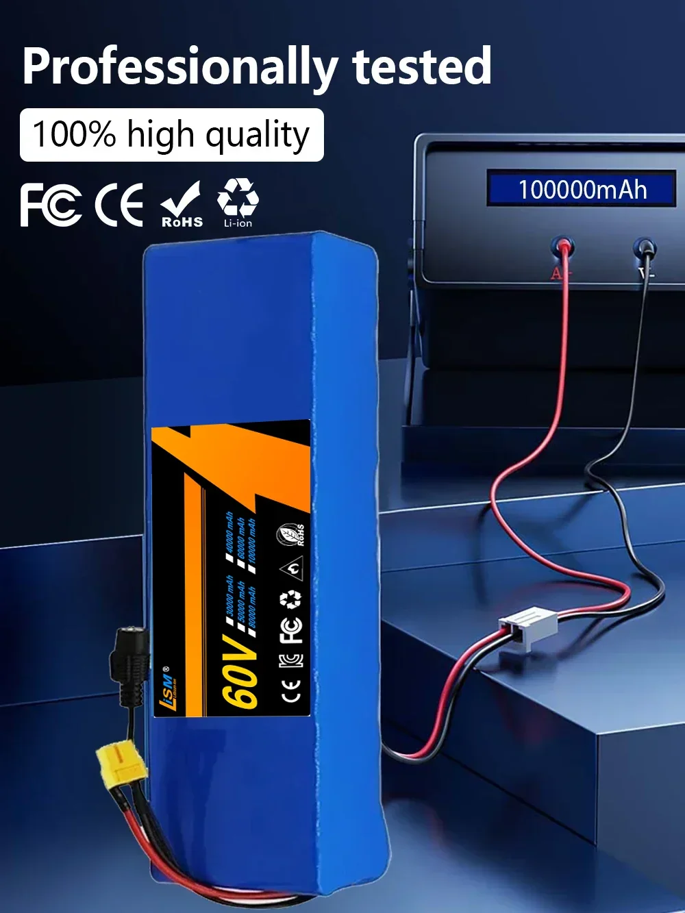 New 60V 100Ah 1000 lithium battery with 16S3P electric bicycle, scooter, motorcycle, tricycle, and high-power+67.2V 2A charger