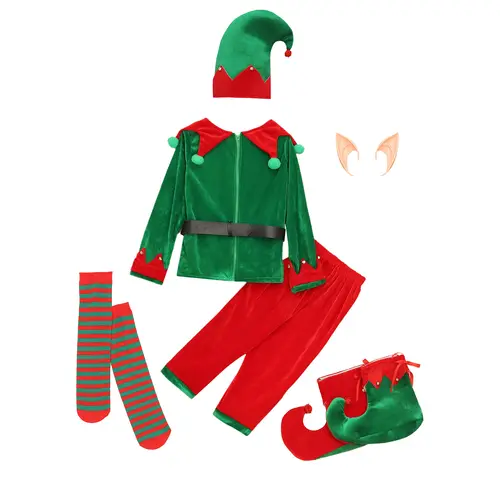 Boys Girls Santa Helper Christmas Costume Elf Role Play Fancy Dress Up Set Elf Ears Belt Stockings and Shoes Covers Outfits - Image 3