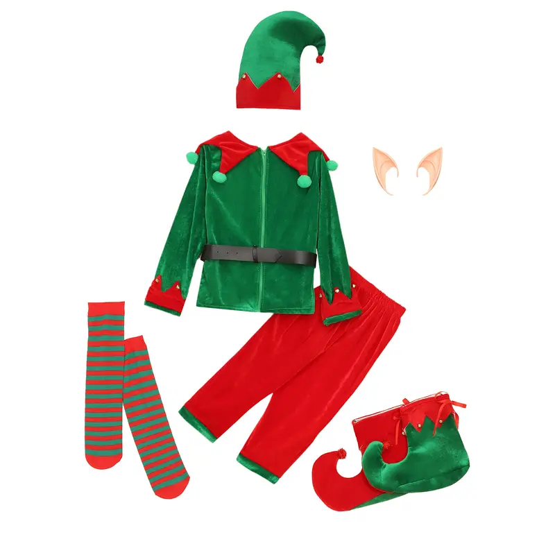 Boys Girls Santa Helper Christmas Costume Elf Role Play Fancy Dress Up Set Elf Ears Belt Stockings and Shoes Covers Outfits - Image 3