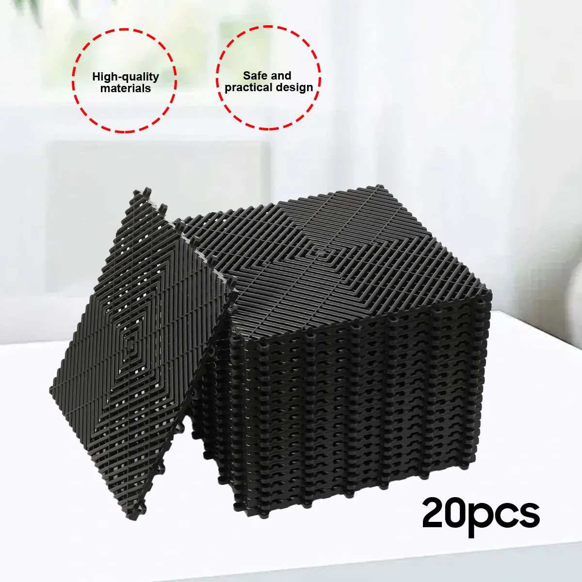 Image of 20 Stück Garagenbodenfliesen 40x40x1,8cm mit Abflusslöchern, schwarze Polypropylen-Verbindungsbodenfliesen für Autowaschanlagen, Garagen, Werkstätten und Keller, rutschfest und fleckenresistent –