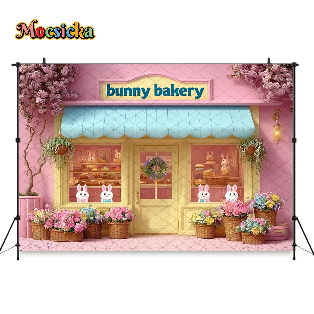 Mocsicka Easter Shop Backdrop Photography Bunny Bakery Shop Floral Easter Egg Background Spring Kids Birthday Photozone Studio