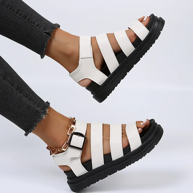 Roman sandals thick-soled Leather Summer 2023 new beach flat muffin platform shoes women's metal buckle black women's sandals