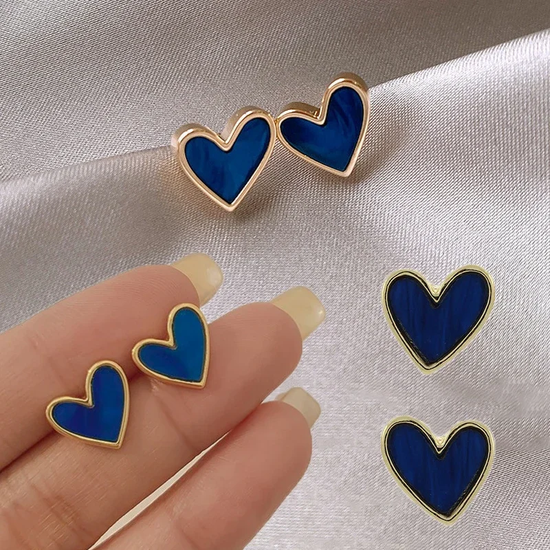 New Simple Blue Heart Shape Stud Earrings for Women Exquisite 925 Silver Needle Ear Jewelry Valentine's Day Gifts Alloy Earring