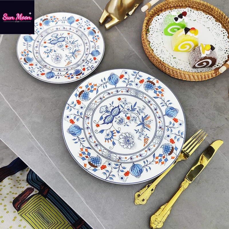 European Blue Flower Handmade Ceramic Two Piece Set Dining Plate Household Disk Gift Restaurant Dining Plate Luxury Set